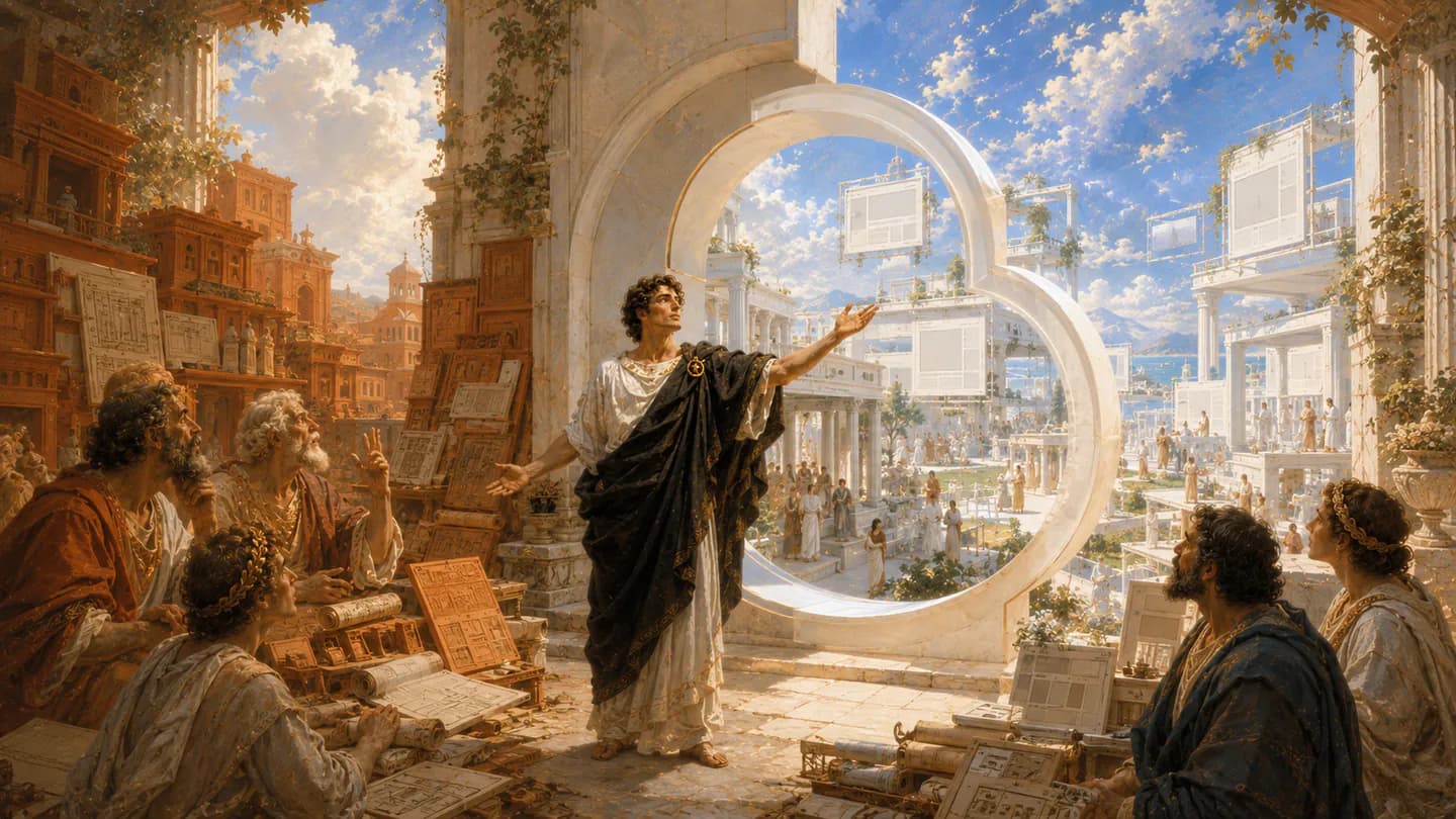 A classical architect presenting a bright city of creative interfaces